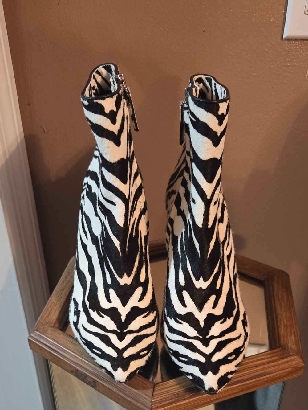 NWT Alice + Olivia Zebra-Print Calf Hair Bootie With Block Heel